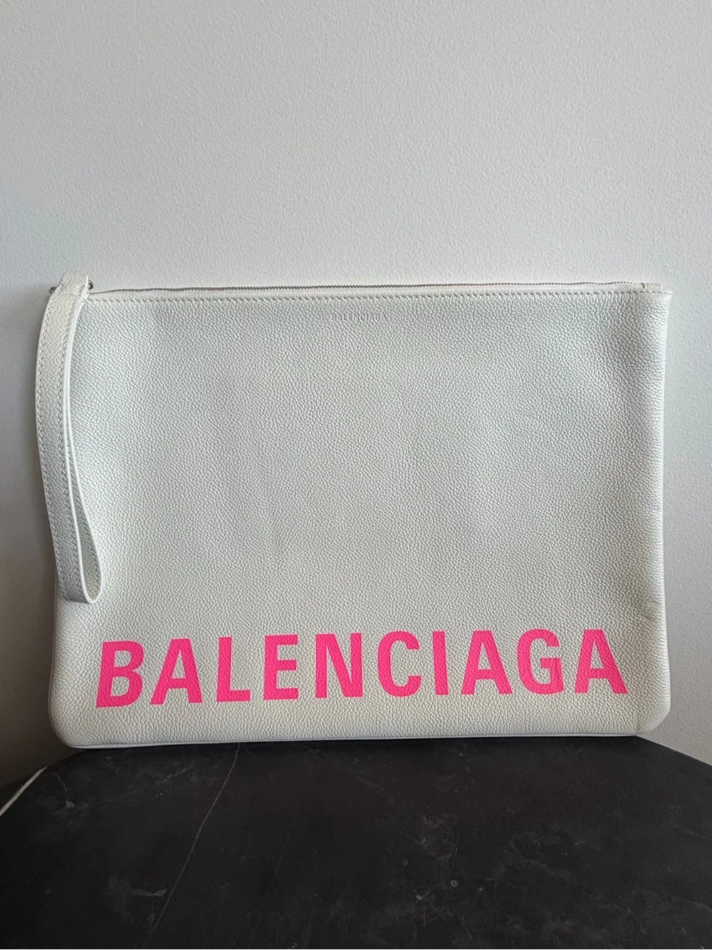 Brand New Balenciaga White Leather Clutch with Hot Pink Logo